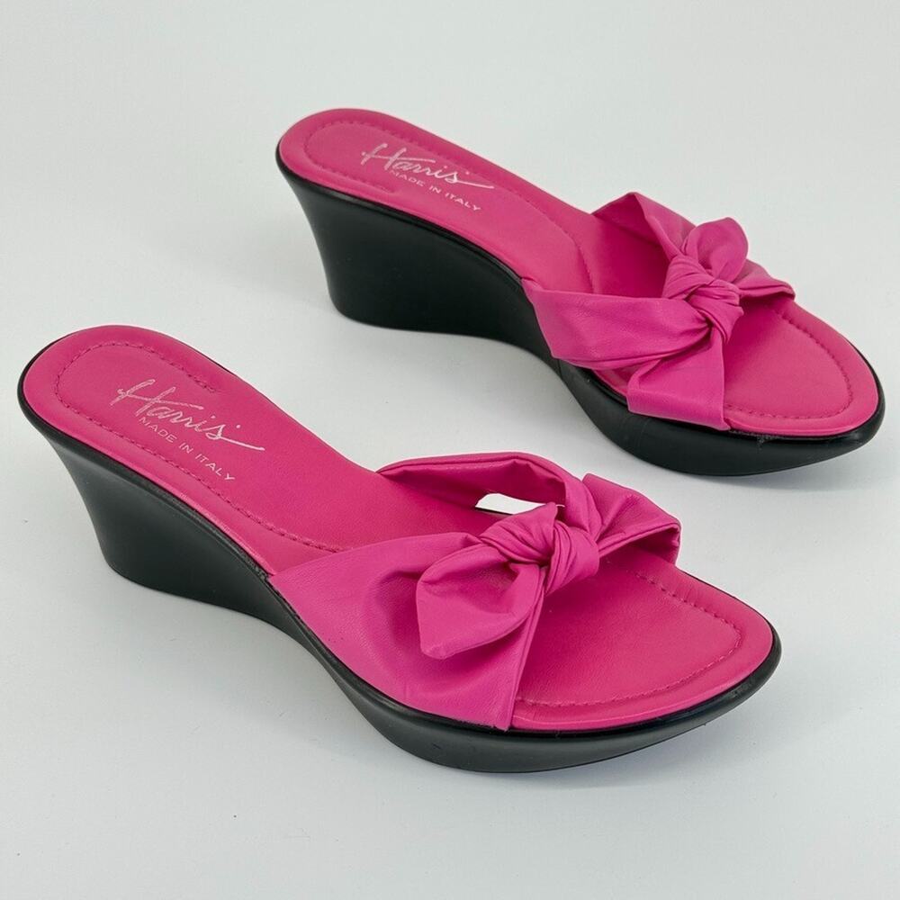 Y2K Harris Leather Wedge Sandals US 7.5 EU 38 Made in Italy Bow Platform Heels